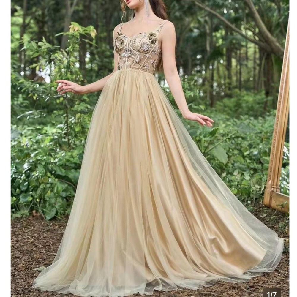 Faeriesty Maxi Dress Womens M Champagne Excellent Sequin Tulle Prom Gown